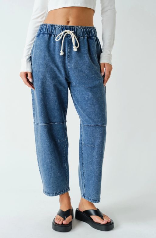 Cotton Blend Mineral Wash Cropped Straight Leg Pants, Color: Denim Blue, Size: Small