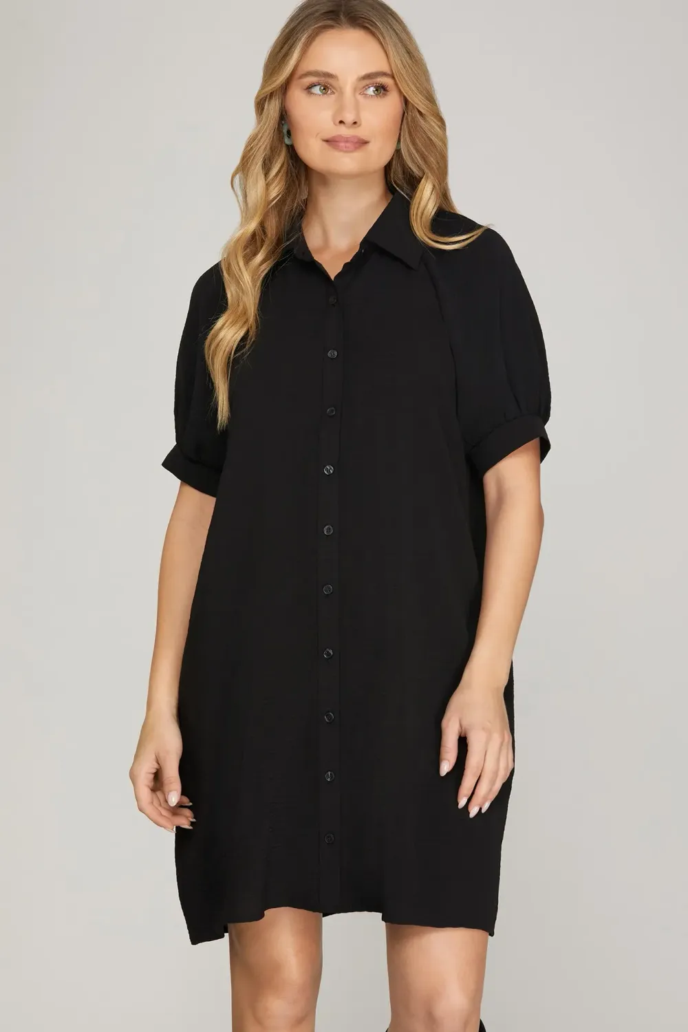 Short Sleeve Button Down Mini Dress with Pockets, Color: Black, Size: Small