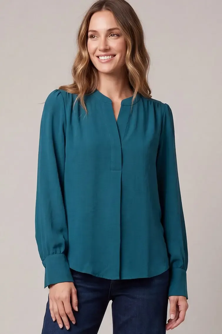 Long Sleeve Split-Nick Woven Top, Color: Teal, Size: Small