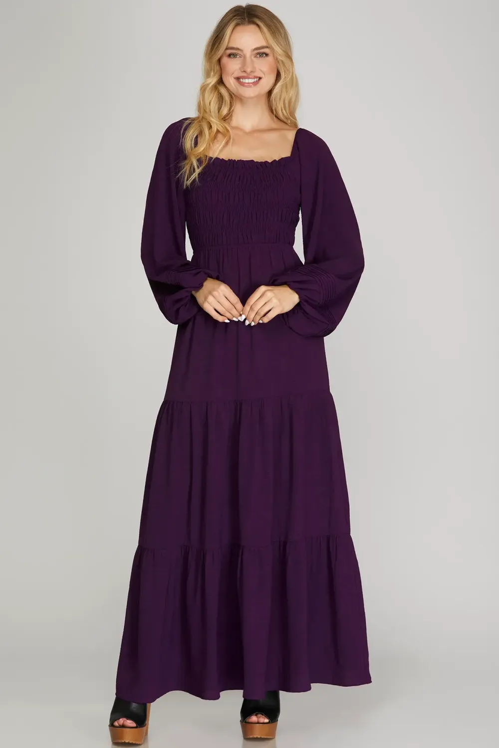 Puff Long Sleeve Smocked Tiered Mai Dress, Color: Eggplant, Size: Small