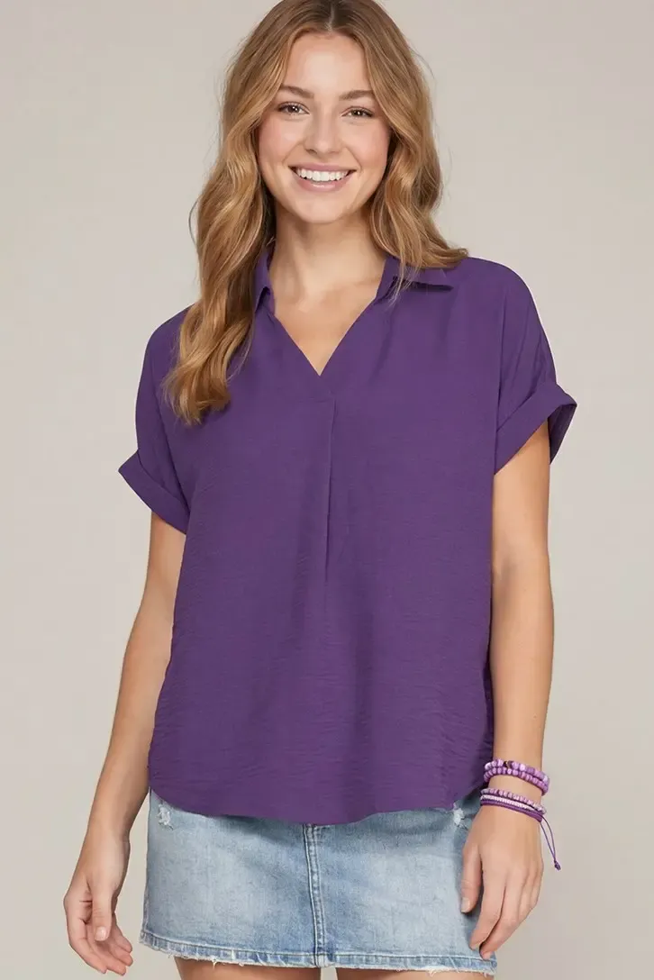 Drop Shoulder Collared Woven Top, Color: True Purple, Size: Small