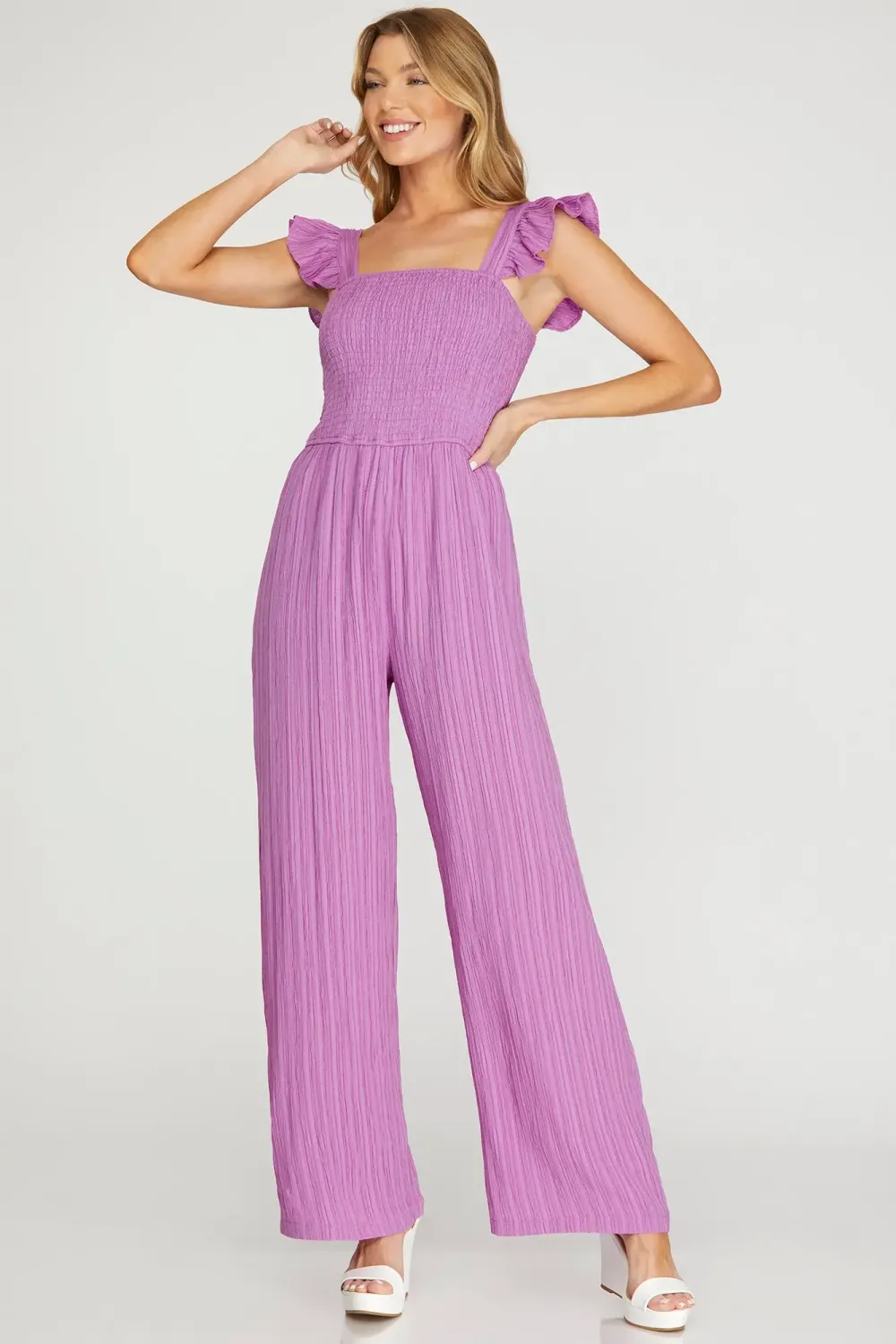 Ruffle Sleeve Square Neck Woven Smocked Jumpsuit, Color: Violet, Size: Small