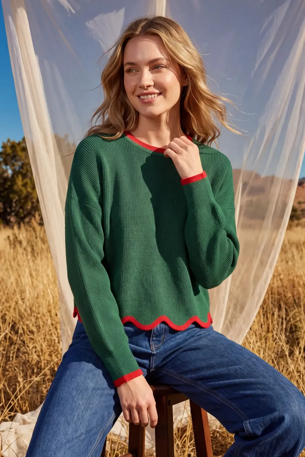 Long Sleeve Scallop Hem Sweater