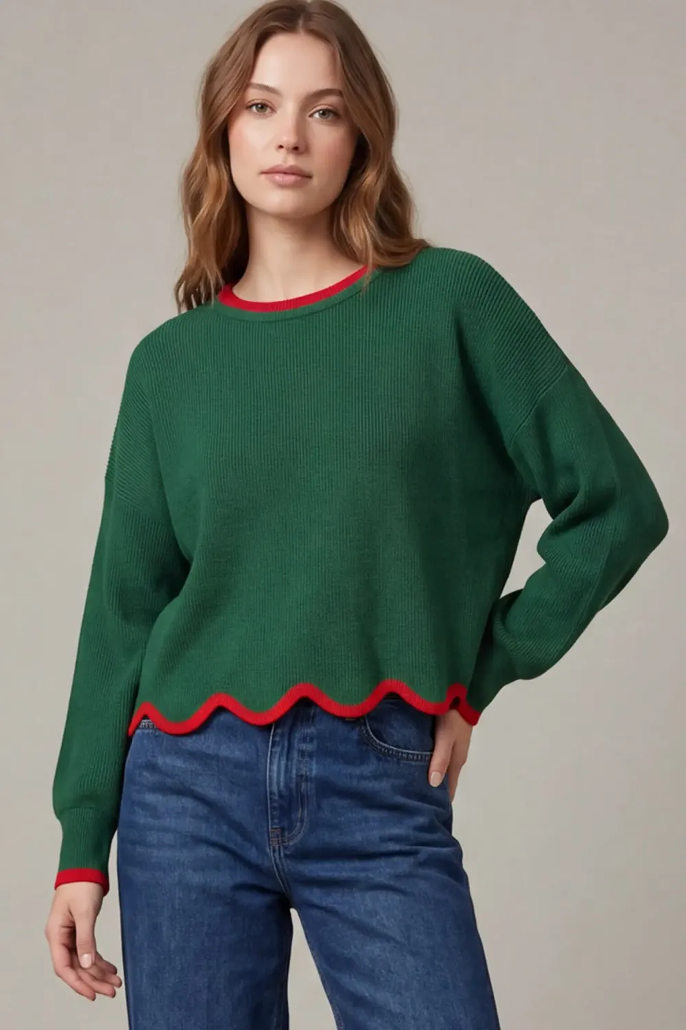 Long Sleeve Scallop Hem Sweater