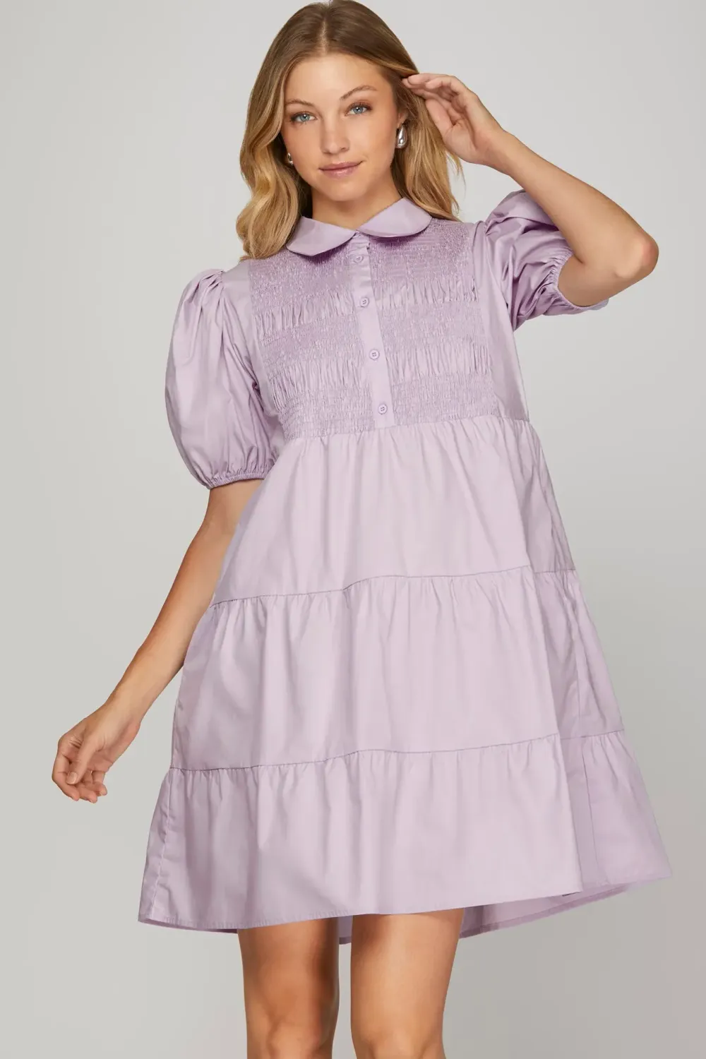Short Sleeve Smocked Tiered Woven Dress with Pockets, Color: Lilac, Size: Small