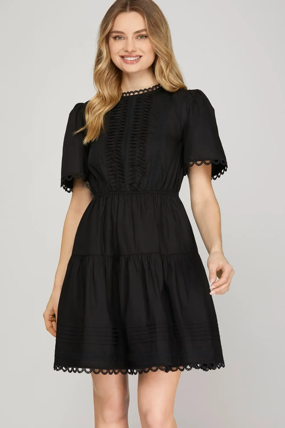 Short Sleeve Woven Tiered Dress with Pintuck &amp; Lace Detail, Color: Black, Size: Small