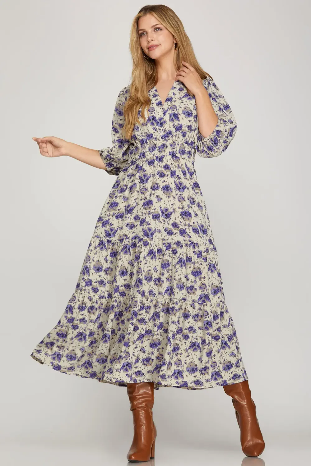 3/4 Sleeve Printed Midi Dress with Pockets