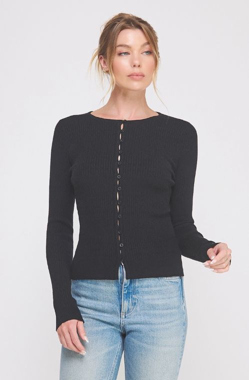 Pointelle Ribbed Fine Gauge Cardi, Color: Black, Size: Small