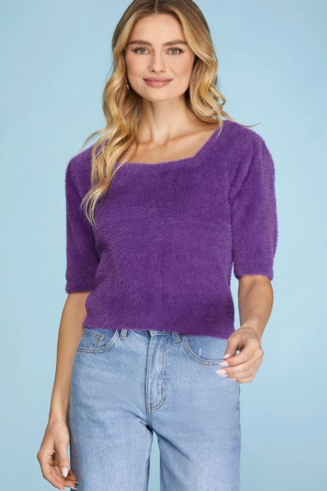 Short Sleeve Square Neck Fuzzy Sweater Top, Color: Purple, Size: Small