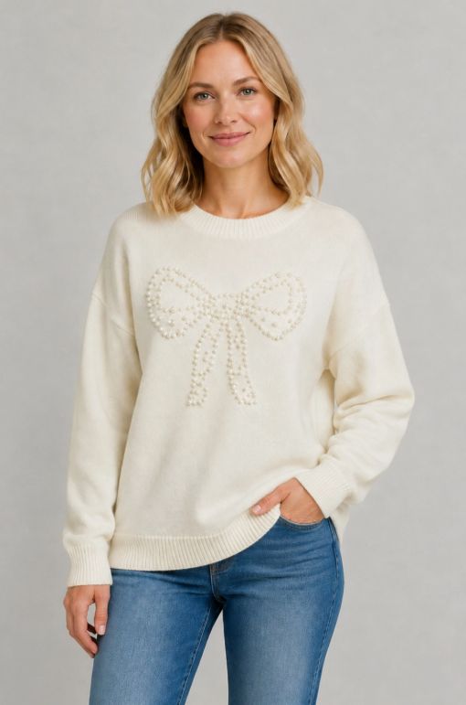 Pearl Bow Crewneck Sweater, Color: Ivory, Size: Small/Medium