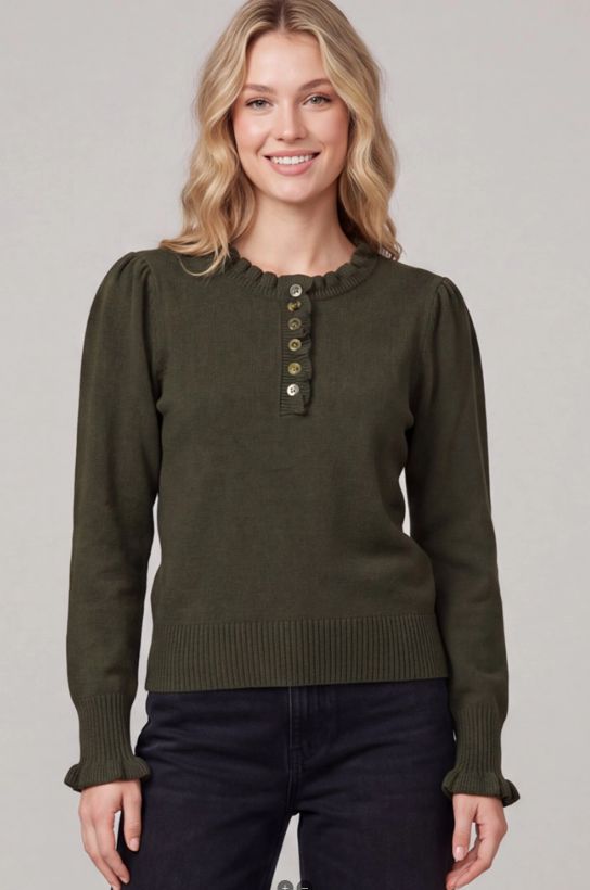 Long Sleeve Ruffled Neck Sweater Top, Color: Dark Olive, Size: Small