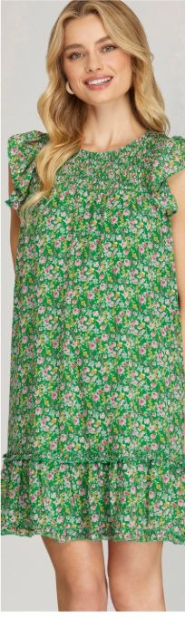 Butterfly Sleeve Smocked Woven Floral Print Dress, Color: Green, Size: Small