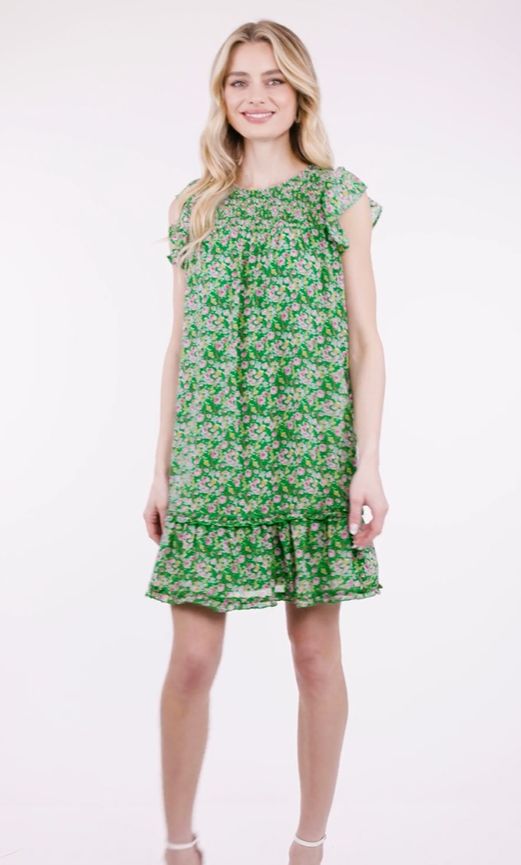 Butterfly Sleeve Smocked Woven Floral Print Dress