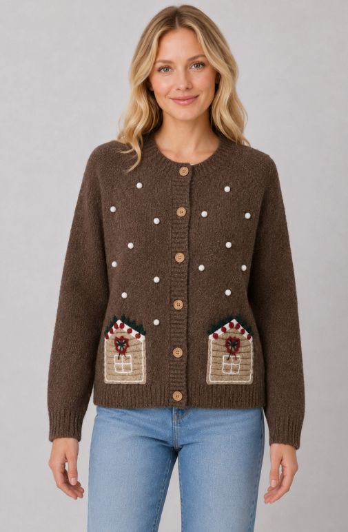 Gingerbread House Cardigan, Color: Brown, Size: Small/Medium