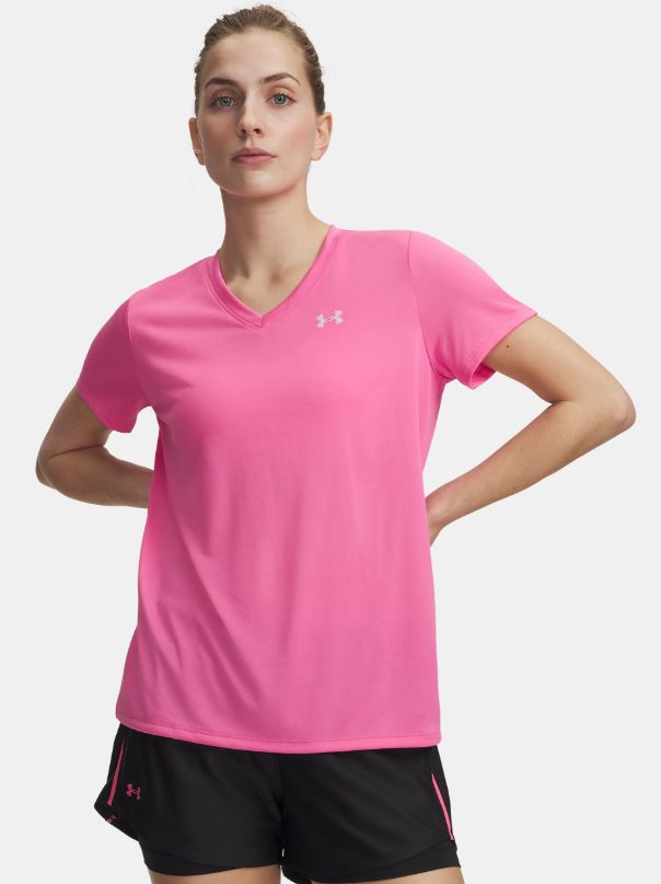 UA Tech Women's V-Neck Short Sleeve, Color: Pink Frenzy/Prime Pink, Size: X-Small
