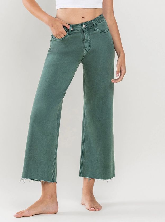 High Rise Crop Wide Leg Jeans, Color: Mallard Green, Inseam: 27 1/2", Size: 14/32