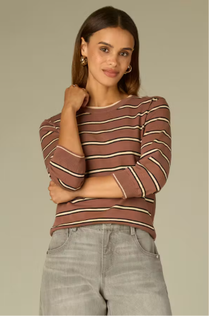 3/4 Sleeve Double Round Neck Band Stripe Sweater
