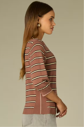 3/4 Sleeve Double Round Neck Band Stripe Sweater