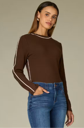 Long Sleeve High Crew Knit Top Long Sleeve High Crew Knit Top, Color: Brown/Ecru, Size: Small