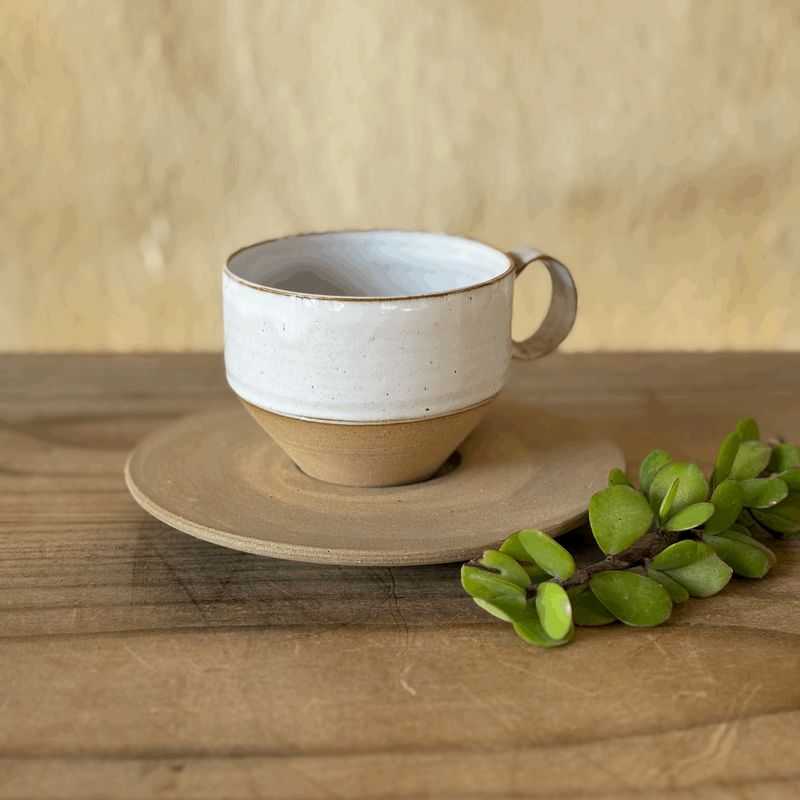 Teacup &amp; Saucer Sand Half GlazedWhite