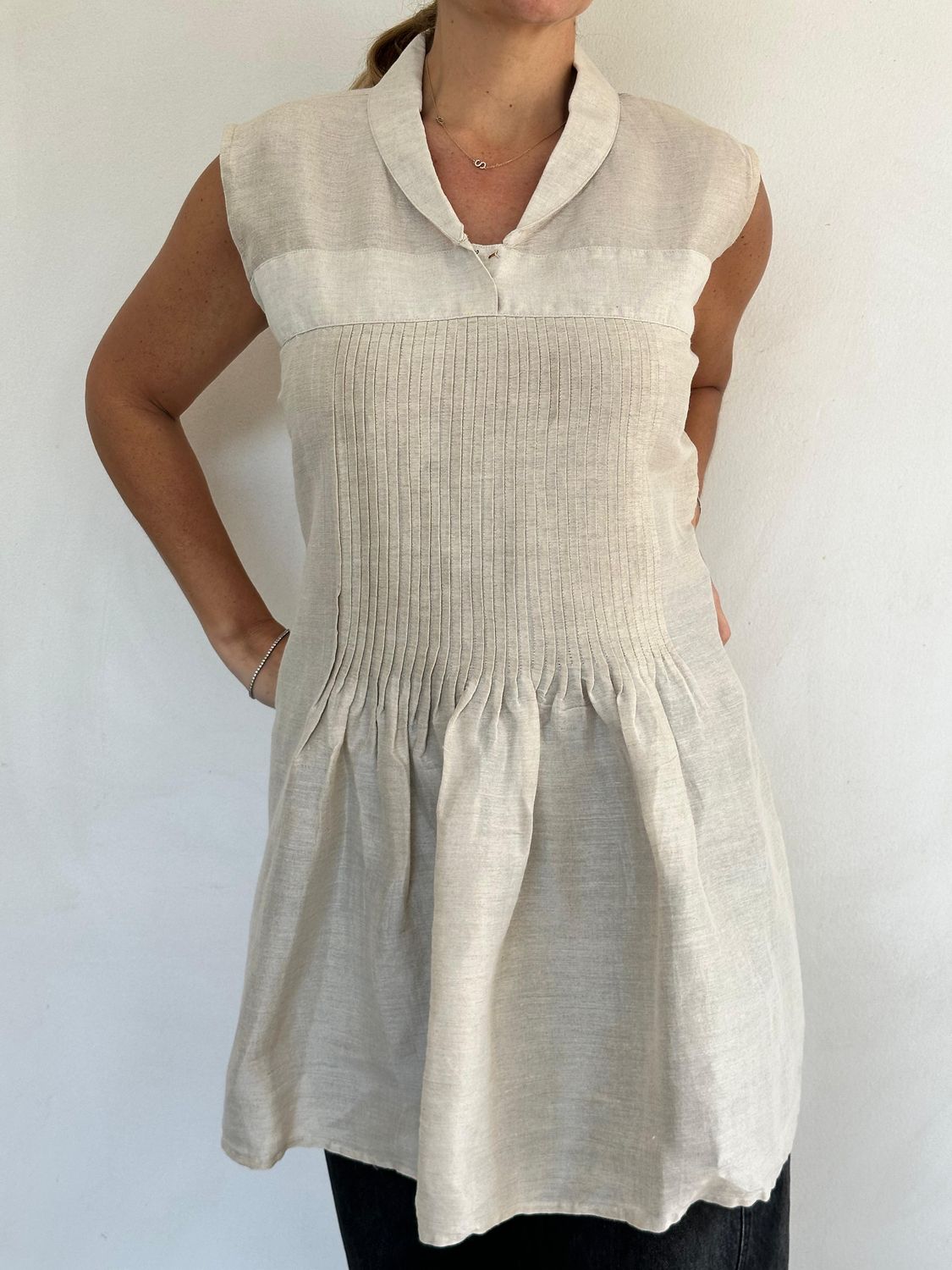 Raw Silk Pleated Oatmeal Dress