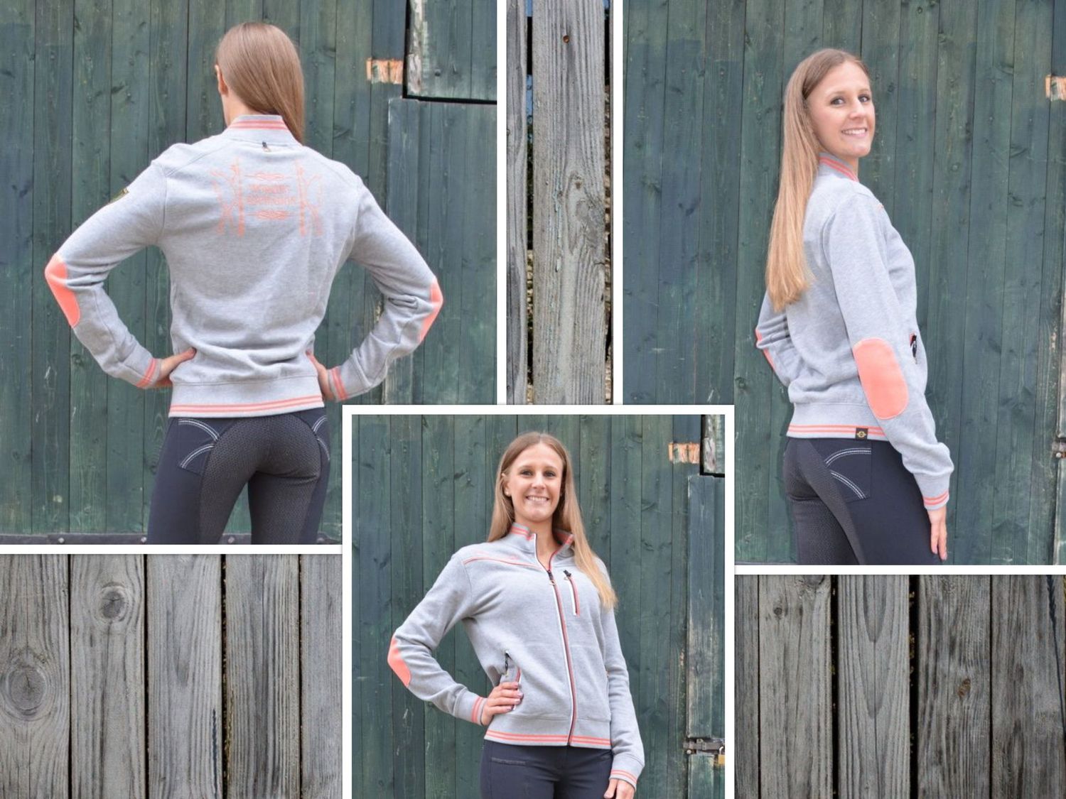 Über 75 % Rabatt! Damen Sweat- Jacke mit zahlreichen Details und Working Equitation- Motiv am Rücken aus der Jutta Gaul Kollektion in grau- melange in den Größen S- XL! Bisher 99.90 €, jetzt 24,90 €