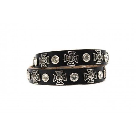Schönes, hochwertiges Armband aus echtem Leder- 2-Reihig mit Strass- Steinen und Kreuznieten