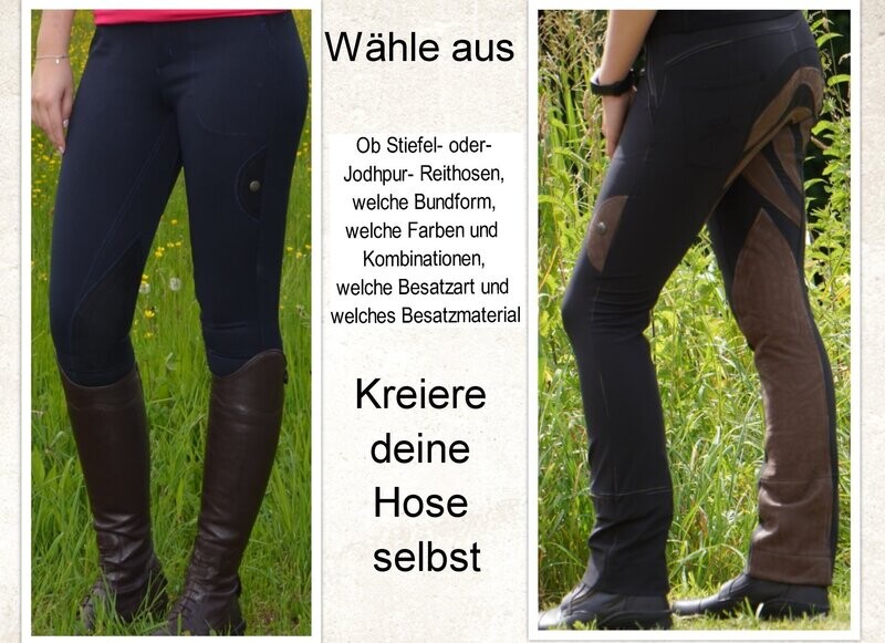 Sommer- MED SHAPE- Stiefel- Reithose aus hochelastischem, neuentwickeltem Sommerstoff in versch. Farbkombinationen mit Echtleder- oder Kunstleder- Besatz und versch. Bundhöhen