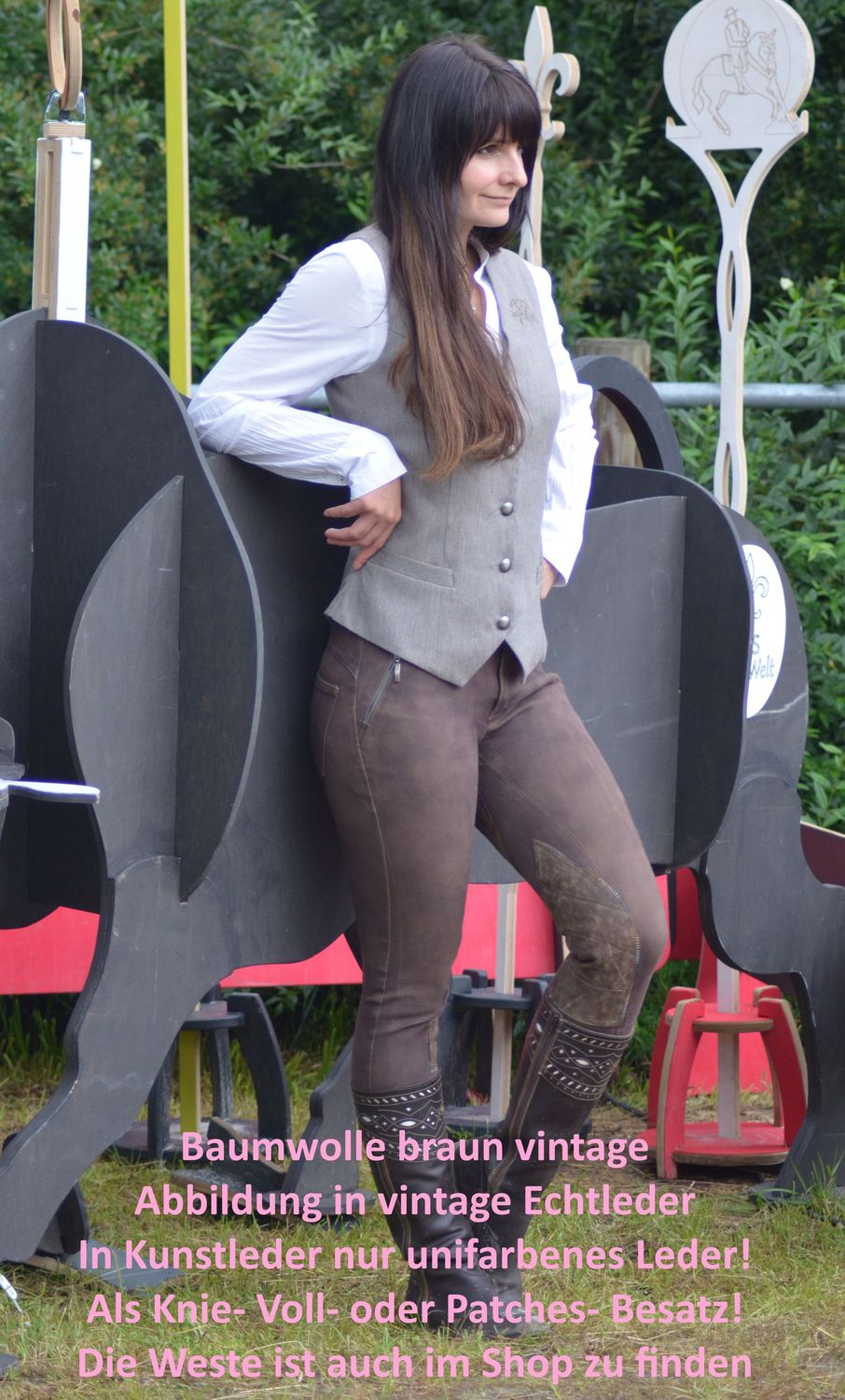 Ihre Stiefel- Reithose aus hochwertigem, strapazierfähigem und bielastischen Baumwollstoff mit Echt- oder Kunstleder- Besatz, in verschiedenen Varianten, Farben und Bundformen individuell gestalten!