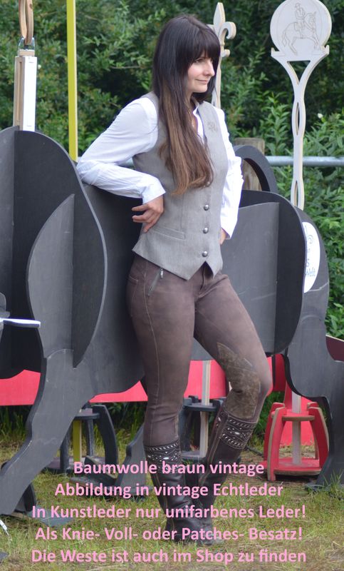 Ihre Stiefel- Reithose aus hochwertigem, strapazierfähigem und bielastischen Baumwollstoff mit Echt- oder Kunstleder- Besatz, in verschiedenen Varianten, Farben und Bundformen individuell gestalten!