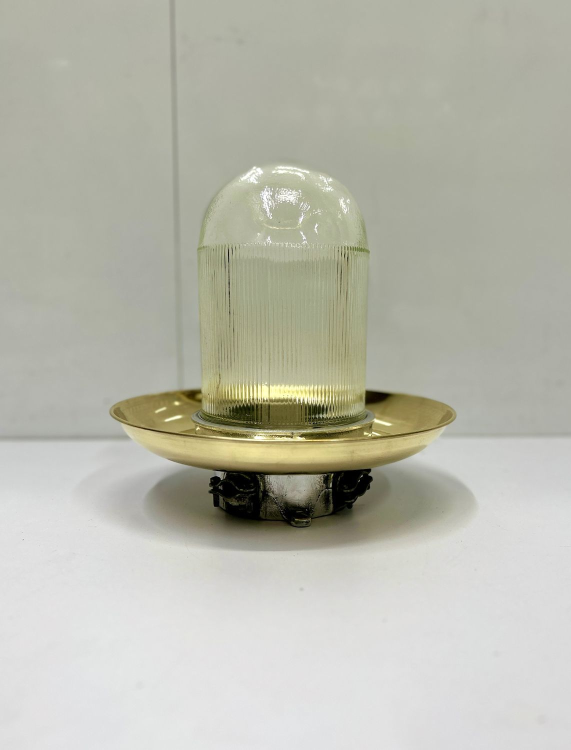 Ceiling Design Old Vintage Aluminum Bulkhead Light with Brass Shade Ribbed Glass