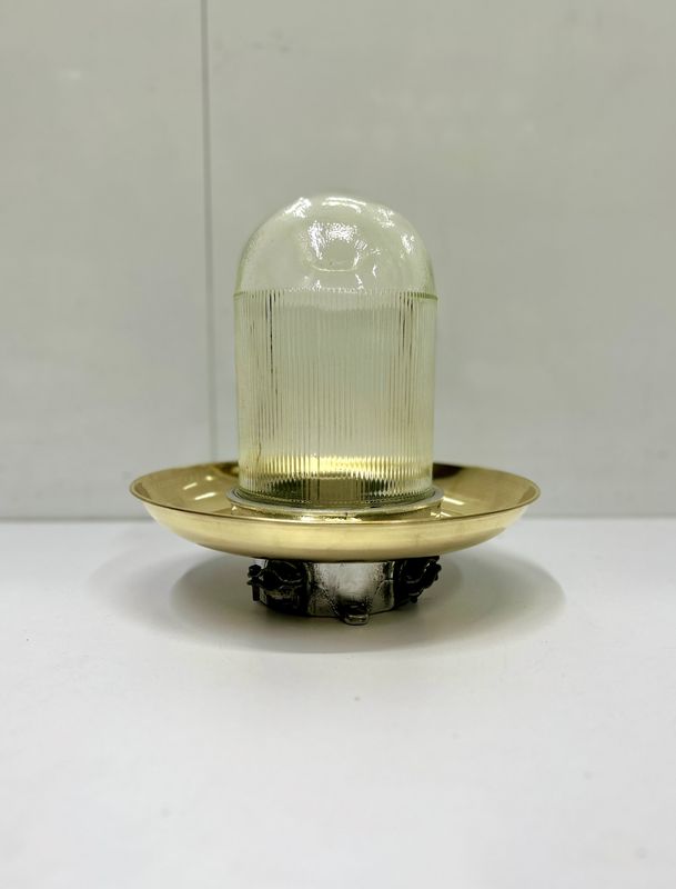 Ceiling Design Old Vintage Aluminum Bulkhead Light with Brass Shade Ribbed Glass