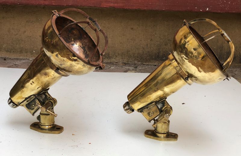 Maritime Industrial Antique Solid Brass Cargo Post Mounted Japan Monster Light Set Of 2