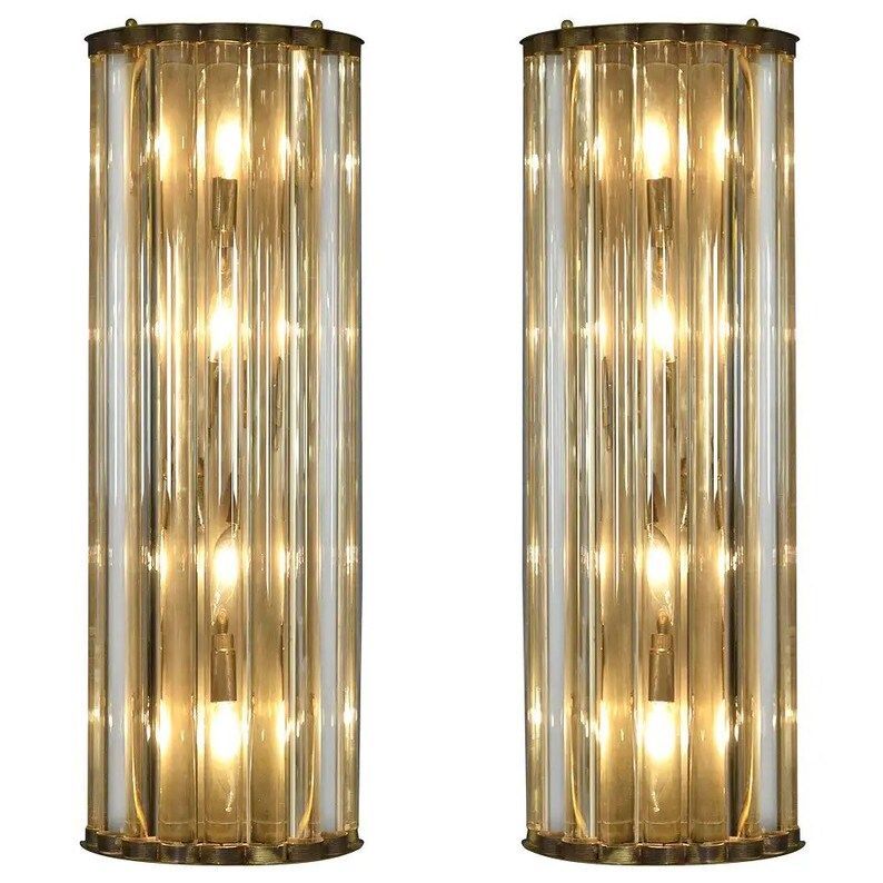 Mid century Italian Brass &amp; Glass Rod Golden Wall Sconces Lamp Fixture Lot of 2