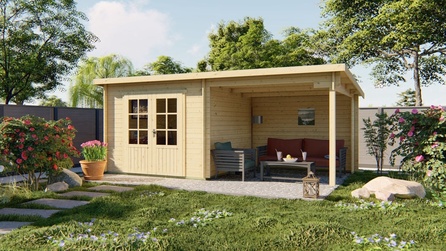 Blokhut - Tuinhuis 28mm Chappo met overkapping