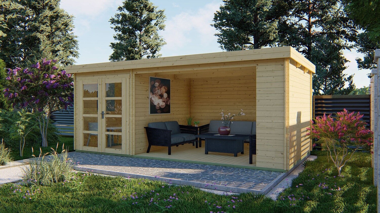 Blokhut - Tuinhuis 28mm Megamodern met overkapping