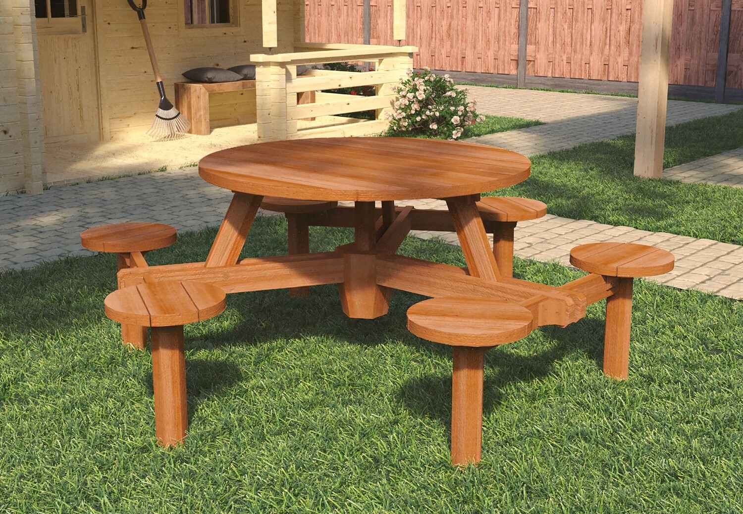 Hardhouten picknicktafel Rondo  Dikte: 35mm Afmeting: 180xH75cm