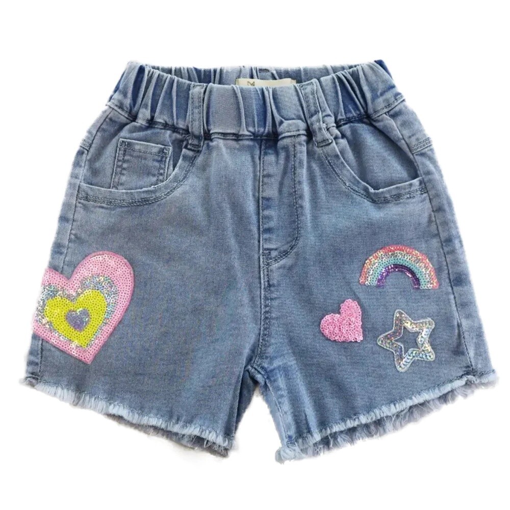 Sequin Heart &amp; Rainbow Denim Shorts