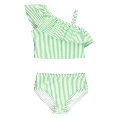 Spring Green Seersucker One Shoulder Ruffle Tankini