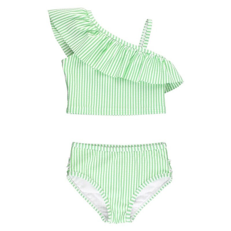 Spring Green Seersucker One Shoulder Ruffle Tankini