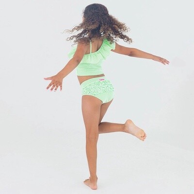 Spring Green Seersucker One Shoulder Ruffle Tankini