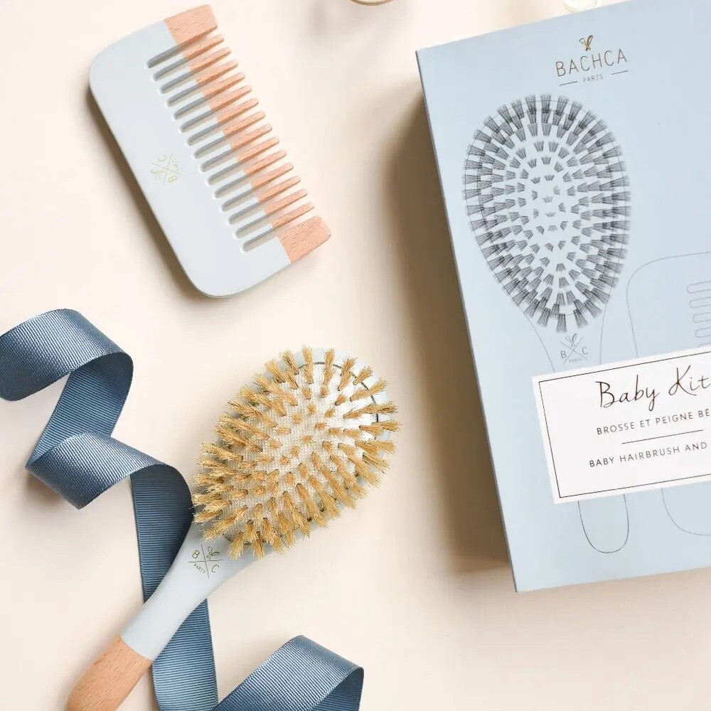 Baby Kit BlueBrush100% boar small size + wooden comb
