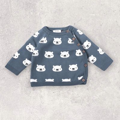 Cozy Bear Jacquard Sweater Knit Side Button Sweater