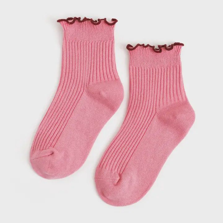Ribbed Lettuce Trim Midi Socks | Pink+Burgundy