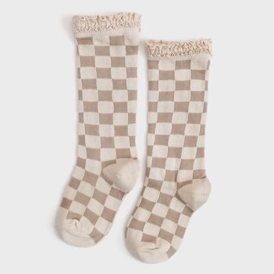 Checkered Lace Top Knee High Socks | Vanilla + Oat