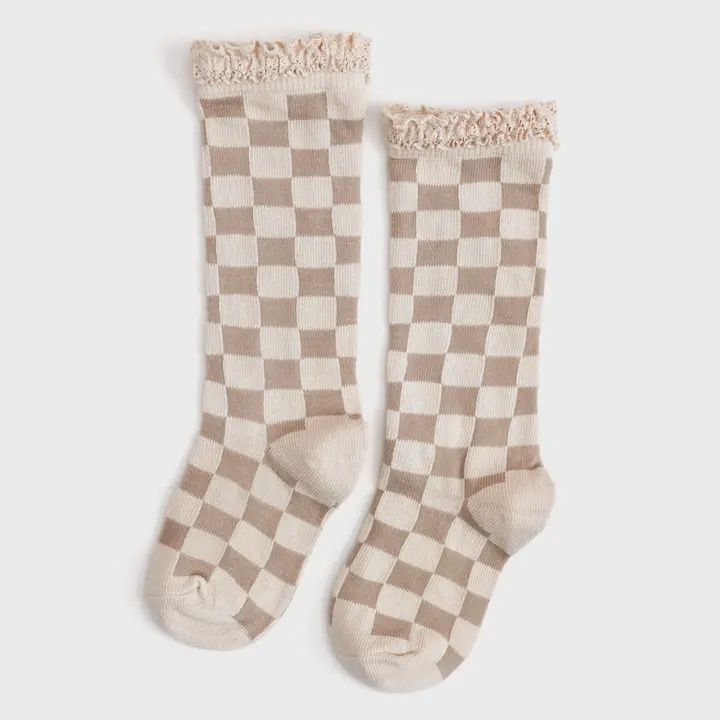 Checkered Lace Top Knee High Socks | Vanilla + Oat