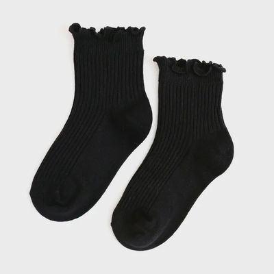 Ribbed Lettuce Trim Midi Socks | Black