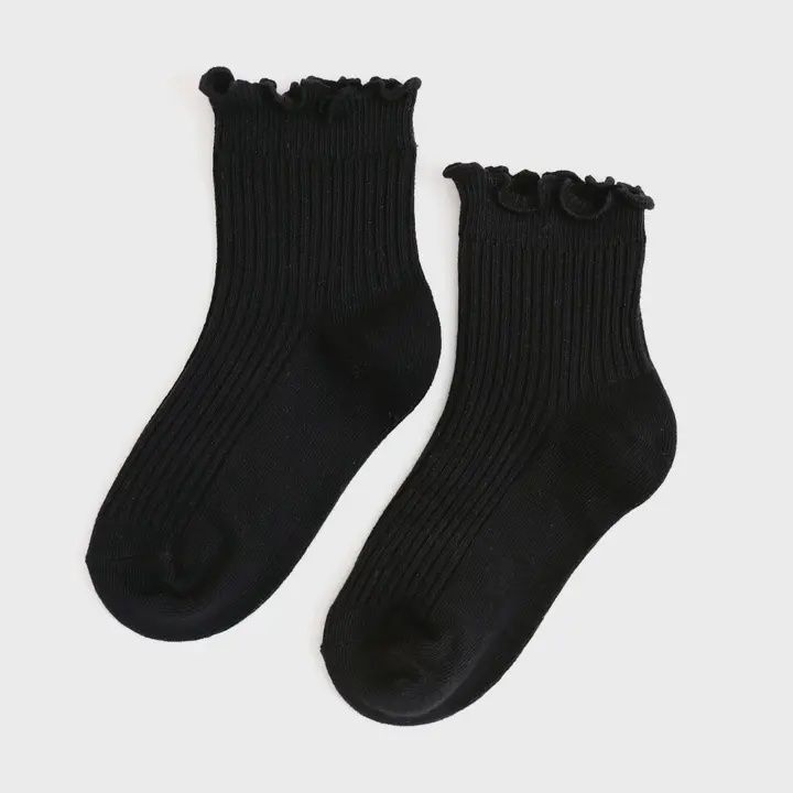 Ribbed Lettuce Trim Midi Socks | Black