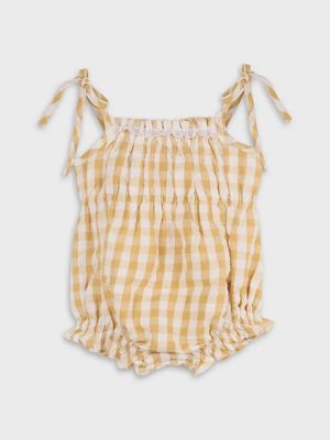 Gingham Shoulder Tie Romper + Headband