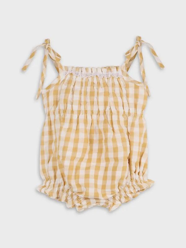 Gingham Shoulder Tie Romper + Headband